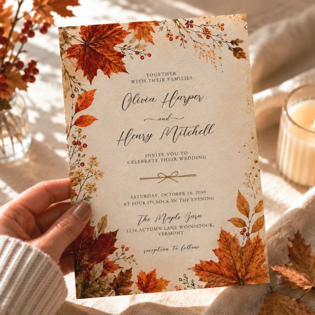 Rustic Burnt Orange Maple Leaves Autumn Wedding Invitation (Creator Uploaded)