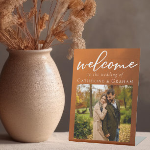 Rustic Burnt Orange Photo Autumn Wedding Welcome Pedestal Sign