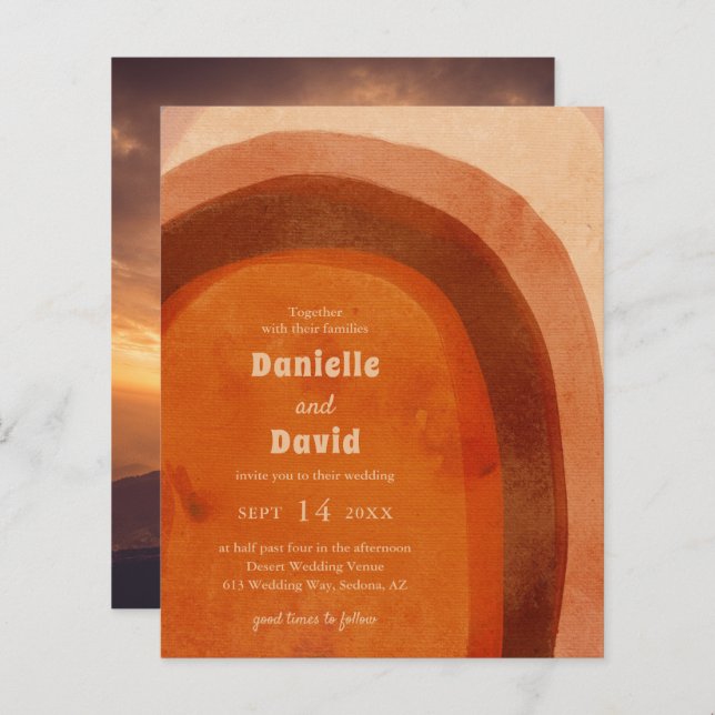 Rustic Burnt Orange Photo Budget Wedding Invite (Front/Back)