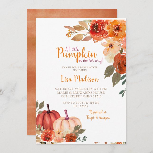 Rustic Burnt Orange Pumpkin Baby Shower Invitation (Front/Back)