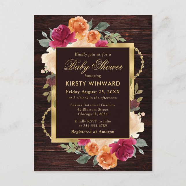 Rustic Burnt Orange Red Fall Flowers Baby Shower Postcard (Front)