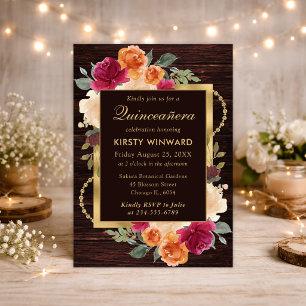 Rustic Burnt Orange Red Fall Flowers Quinceanera Invitation