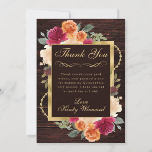 Rustic Burnt Orange Red Fall Flowers Quinceanera Thank You Card