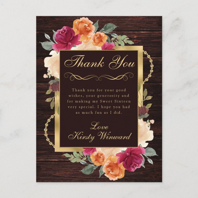 Rustic Burnt Orange Red Fall Flowers Sweet 16 Postcard (Front)