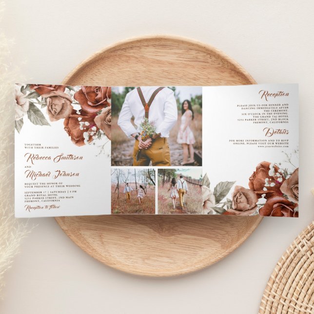 Rustic Burnt Orange Roses Photo Collage Wedding Tri-Fold Invitation (Creator Uploaded)