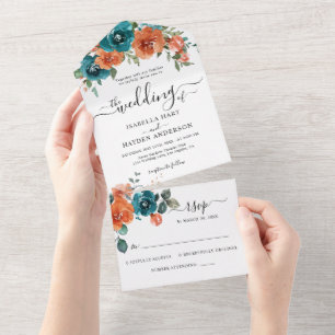 Rustic Burnt Orange Teal Rust Floral Wedding RSVP All In One Invitation