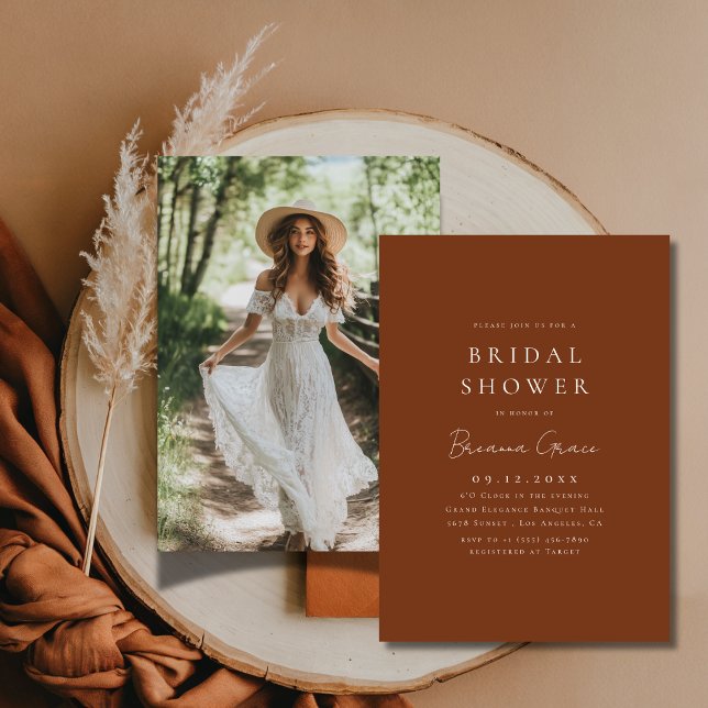 Rustic Burnt Orange Terracotta Bridal Shower Photo Invitation (Creator Uploaded)