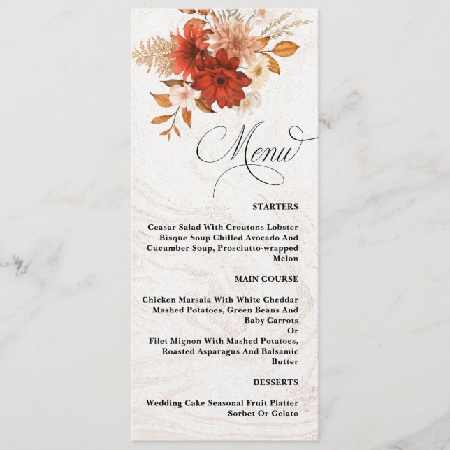 Rustic Burnt Orange Terracotta Elegant Wedding Menu (Front)