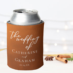 Rustic Burnt Orange Typography Autumn Wedding Can Cooler