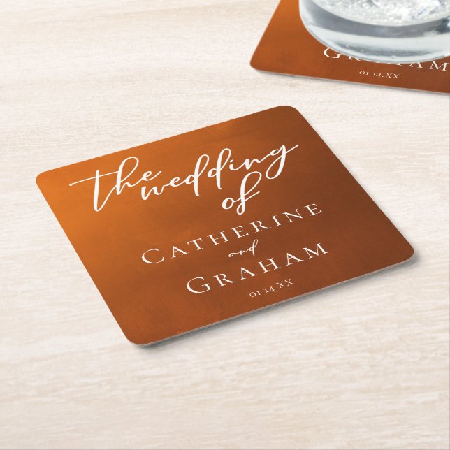 Rustic Burnt Orange Typography Autumn Wedding Square Paper Coaster (Angled)