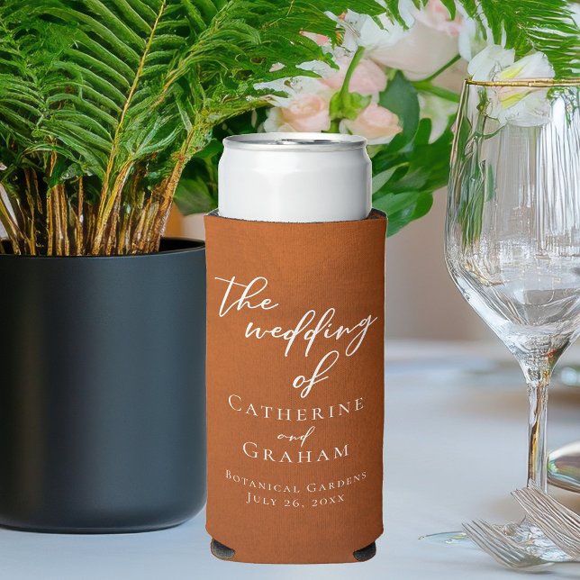 Rustic Burnt Orange Wedding Personalised Seltzer Can Cooler (Creator Uploaded)