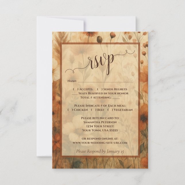 Rustic Burnt Sienna Boho Chic Wildflowers Wedding RSVP Card (Front)