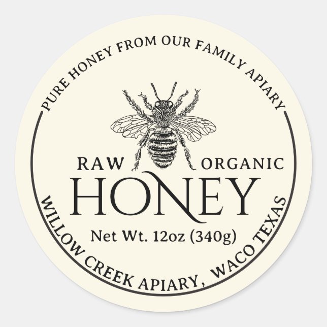  Rustic Butter Cream Raw Organic Honey Jar Label (Front)