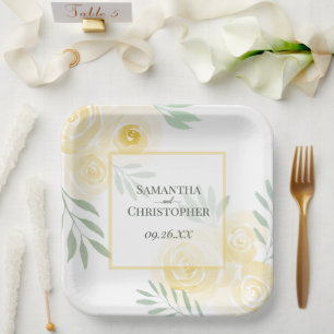 Rustic Butter Yellow Roses Elegant Boho Wedding Paper Plate