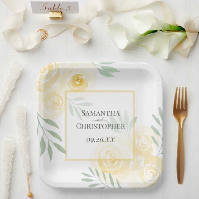 Rustic Butter Yellow Roses Elegant Boho Wedding Paper Plate (Wedding)
