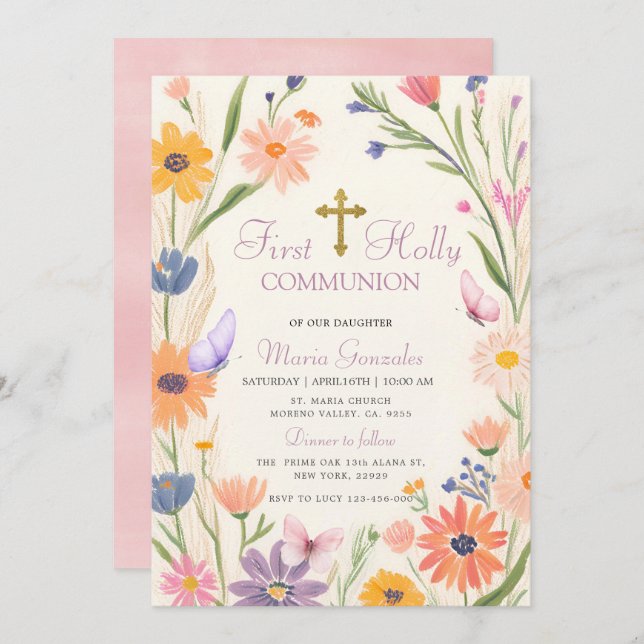 Rustic Butterlfy Wildflower First Holy Communion Invitation (Front/Back)