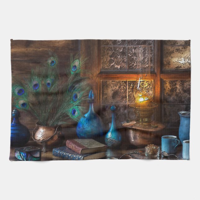 Rustic Cabin by lamplight scene brown blue  Tea Towel (Horizontal)