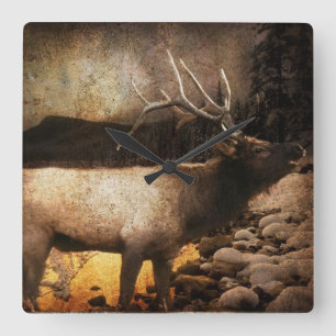 Rustic cabin cottage forest mountain elk square wall clock