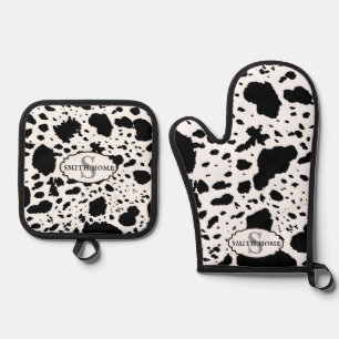 Rustic Cabin Cowhide Print Cozy Farmhouse Oven Mitt & Pot Holder Set