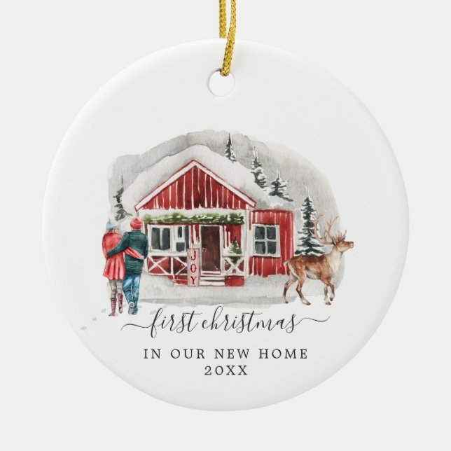 Rustic Cabin | First Christmas New Home Ceramic Tree Decoration (Front)