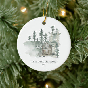 Rustic Cabin Forest Green Personalised Christmas Ceramic Tree Decoration