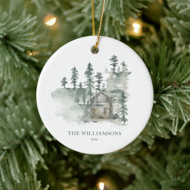 Rustic Cabin Forest Green Personalised Christmas Ceramic Tree Decoration (Tree)