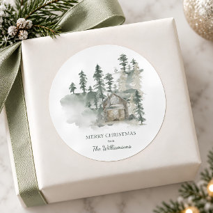 Rustic Cabin Forest Green Personalised Christmas Classic Round Sticker