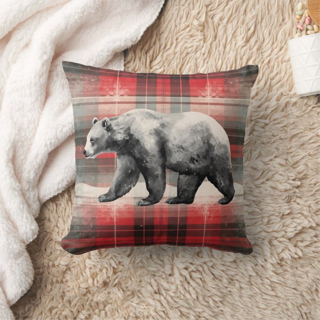 Rustic Cabin Lodge Bear on Red Plaid Cushion (Blanket)