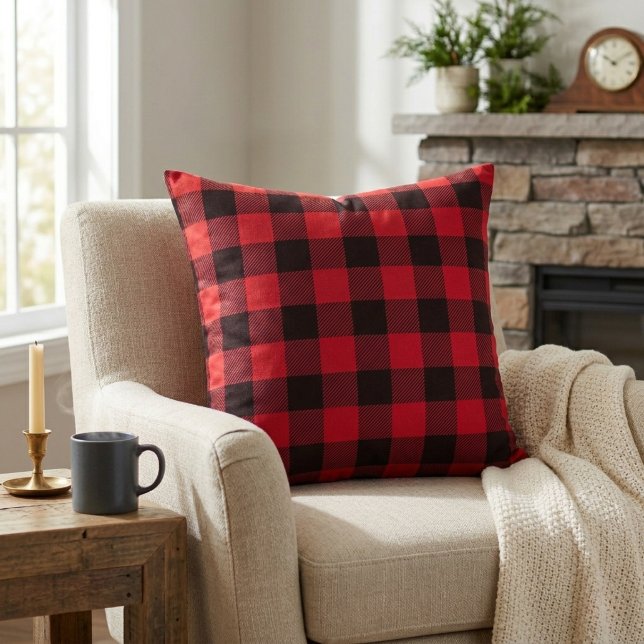 Rustic Cabin Red and Black Buffalo Plaid Cushion (Rustic Cabin Red and Black Buffalo Plaid Throw Pillow)