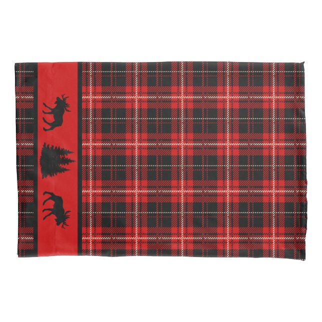 Rustic Cabin Red Plaid Black Moose Pillowcase (Front)
