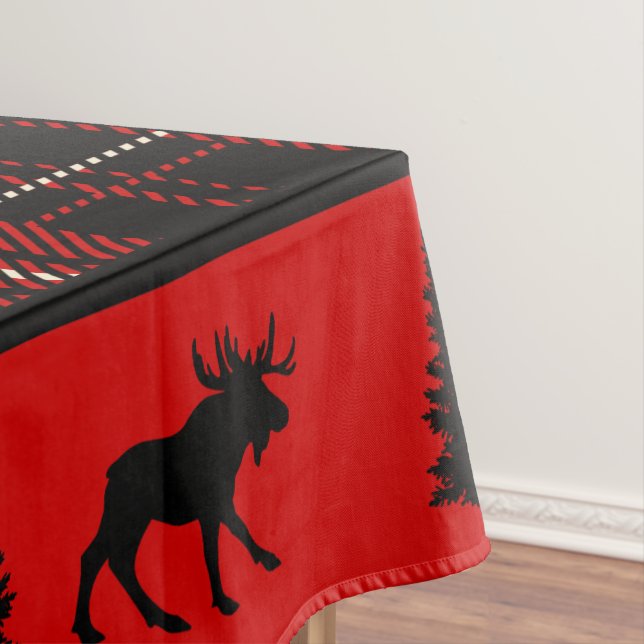 Rustic Cabin Red Plaid Black Moose Trees Tablecloth (In Situ)