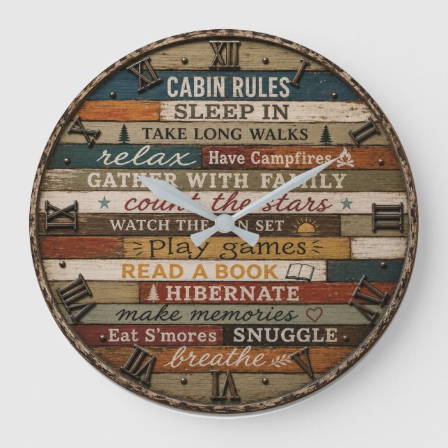 Rustic Cabin Rules Wooden Lake House Lodge Large Clock (Front)