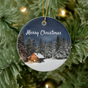 Rustic Cabin Snow Winter  Christmas Ceramic Tree Decoration