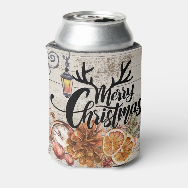 Rustic cabin style and wood Farmhouse Christmas Can Cooler (Can Back)