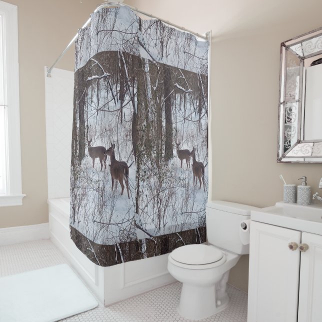 Rustic Cabin Style Deer in Winter Snow Shower Curtain (In Situ)