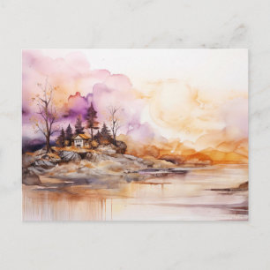 Rustic Cabin Sunset Lake Alcohol Ink Art Postcard