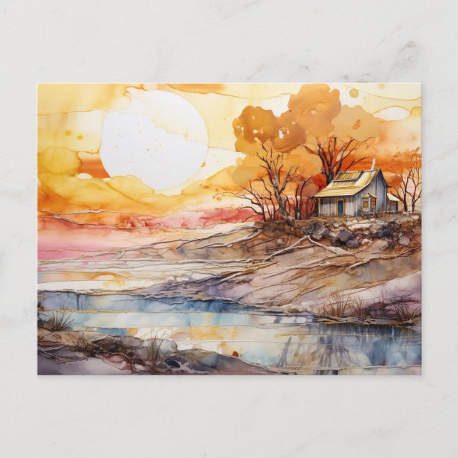 Rustic Cabin Sunset Lake Alcohol Ink Art Postcard  (Front)