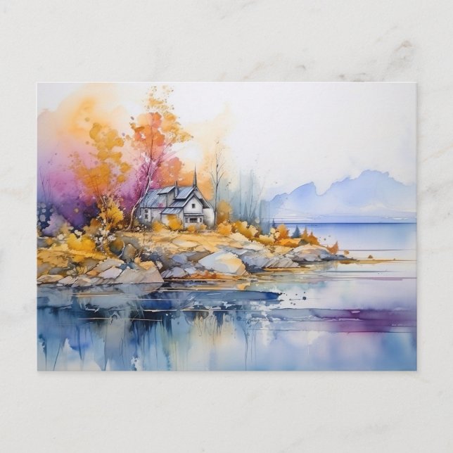 Rustic Cabin Sunset Lake Alcohol Ink Art Postcard  (Front)
