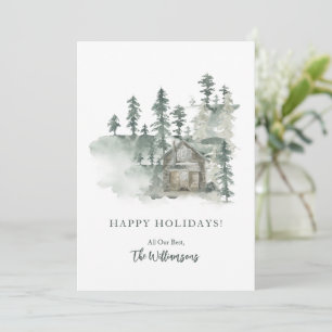 Rustic Cabin Watercolor Forest Green Personalised  Holiday Card