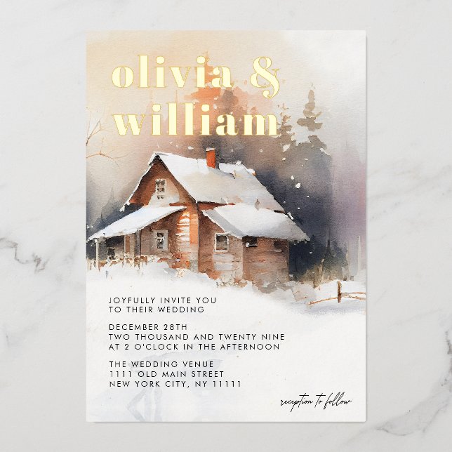 Rustic Cabin Watercolor Winter Wedding (Front)