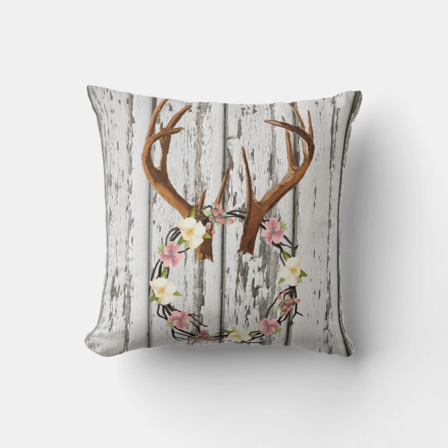 Rustic Cabin Wreath of Flowers on Antlers Design Cushion (Front)