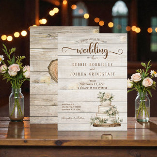 Rustic Cake on Wood Wedding Invitation