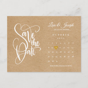 Rustic Calendar Gold Heart Save the Date Postcard