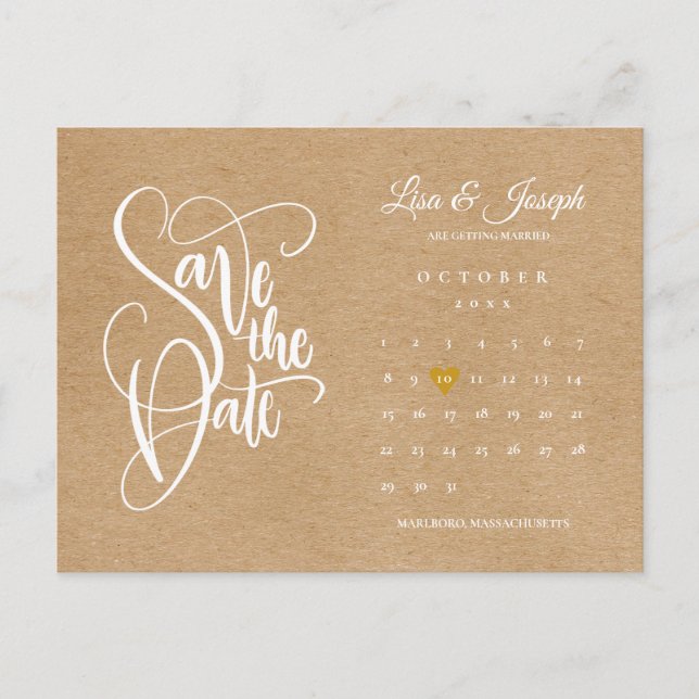 Rustic Calendar Gold Heart Save the Date Postcard (Front)