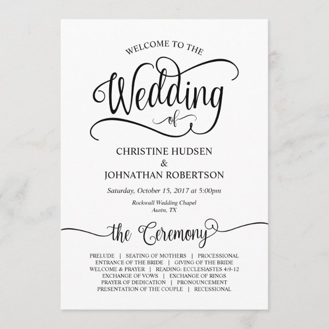 Rustic Calligraphy, Black font, Wedding Ceremony Programme (Front)