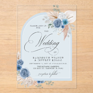 Rustic Calligraphy Boho Dusty Blue Pampas Wedding Acrylic Invitations