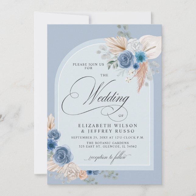 Rustic Calligraphy Boho Dusty Blue Pampas Wedding Invitation (Front)