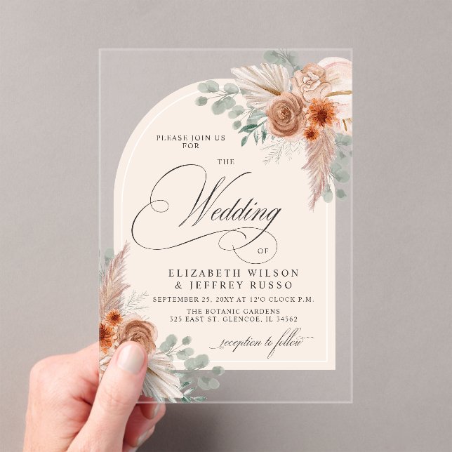 Rustic Calligraphy Boho Terracotta Pampas Wedding Acrylic Invitations (Insitu (Handheld))