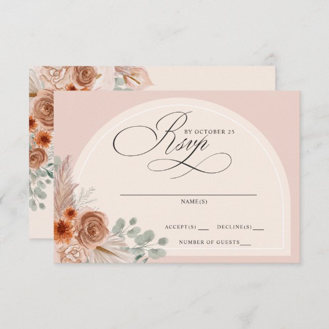 Rustic Calligraphy Boho Terracotta Pampas Wedding RSVP Card (Front/Back)