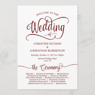 Rustic Calligraphy, Bungundy, Wedding Ceremony Programme